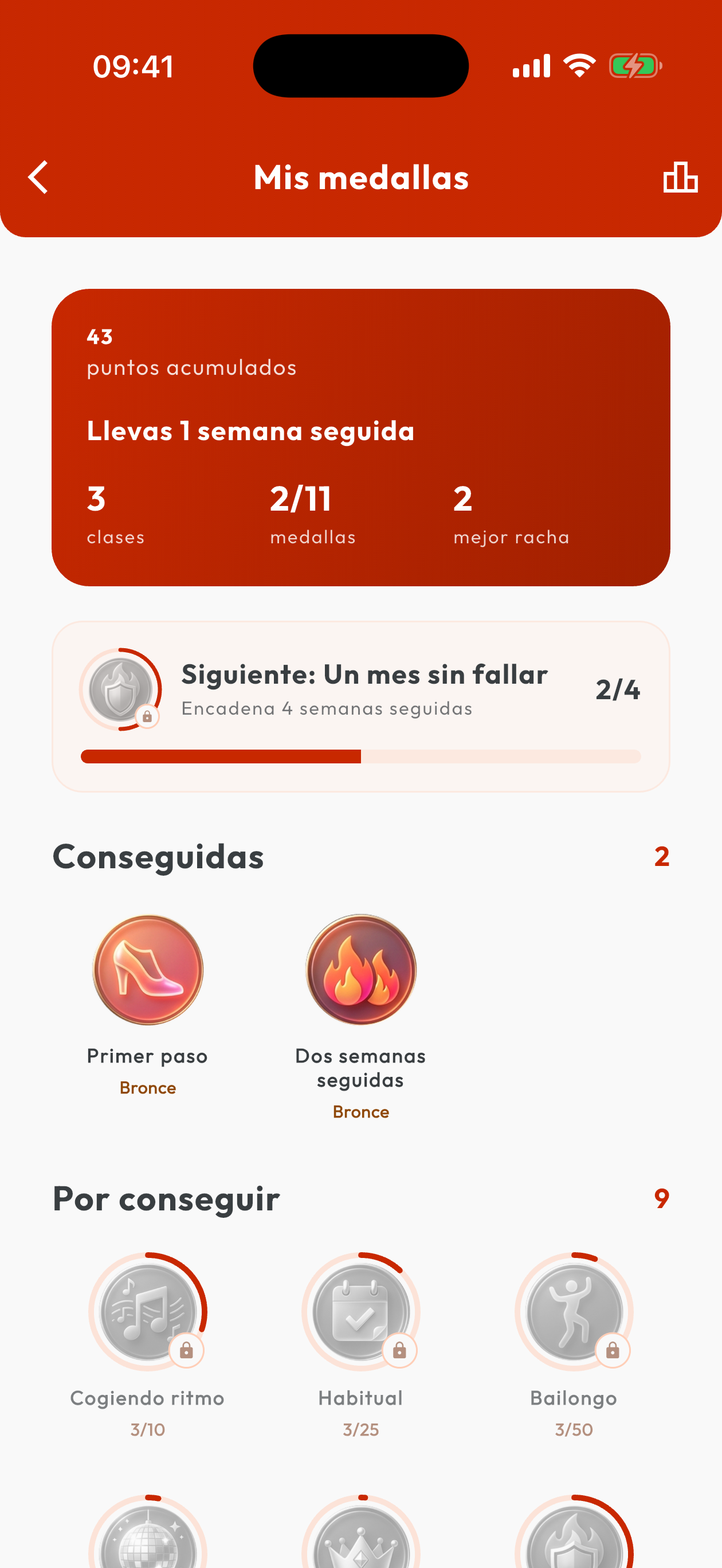 Pantalla de logros de la app con puntos y medallas