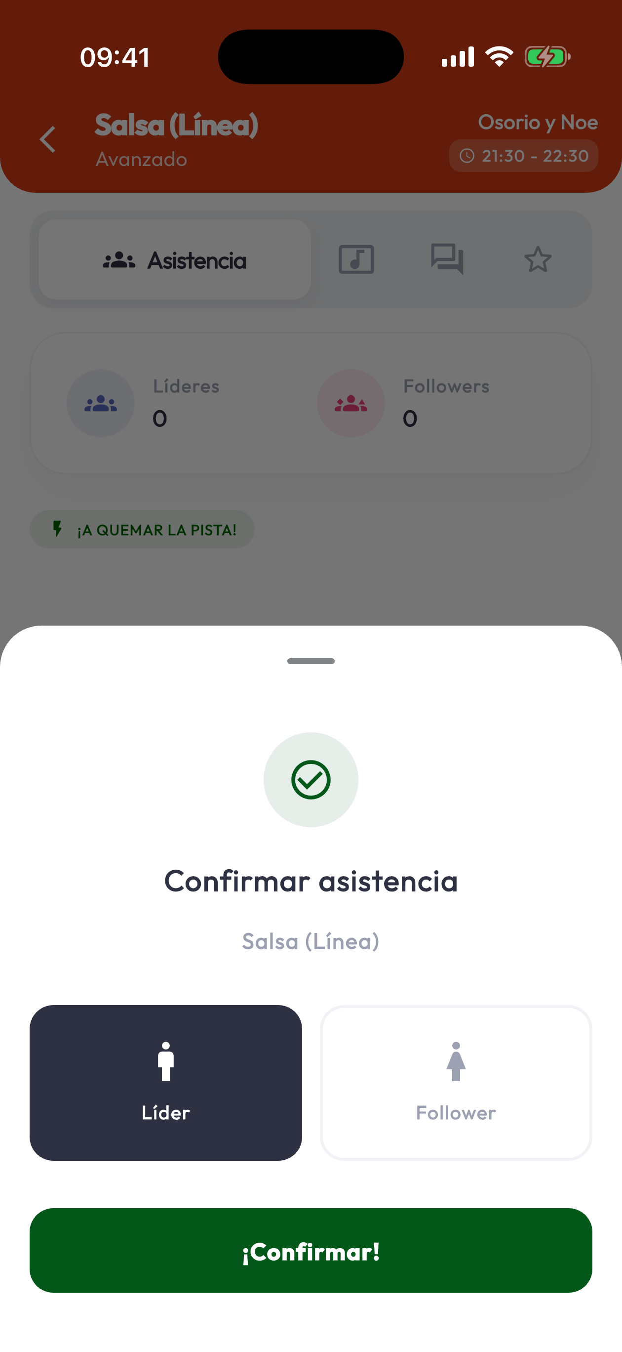 Confirmar asistencia a la clase de baile desde la app