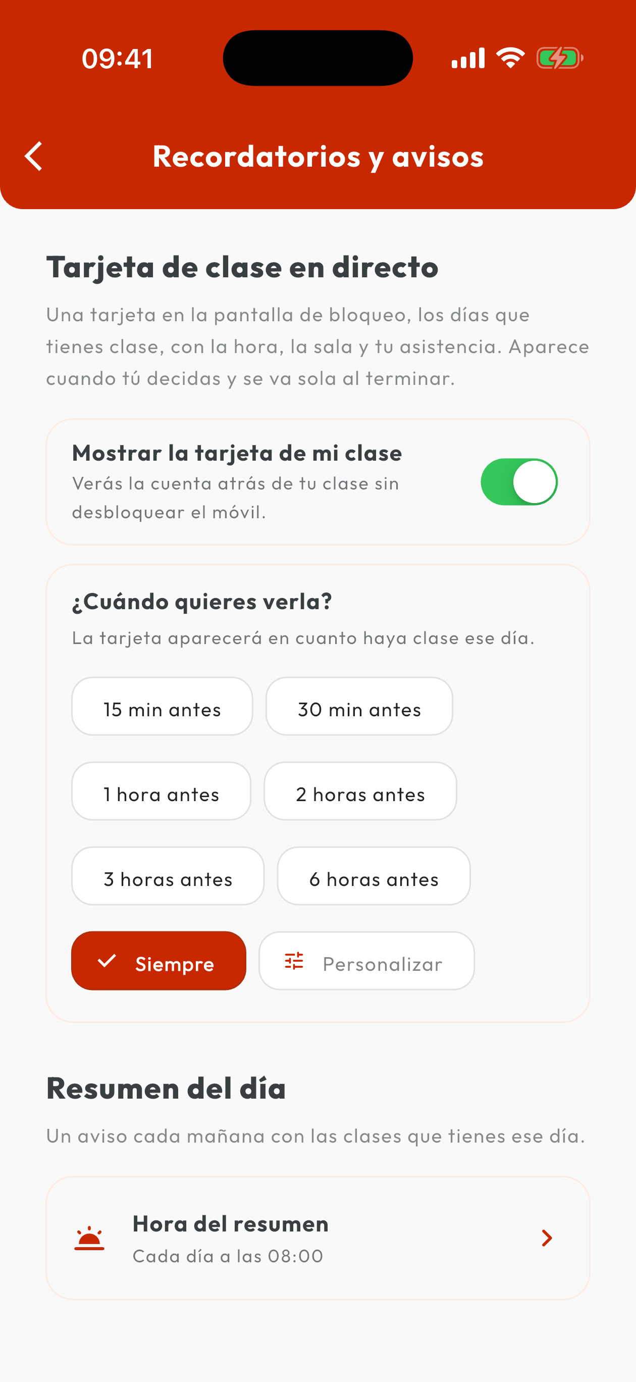 Ajustes de recordatorios y avisos de clases en la app